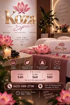 (623)440-2750 is ethnicity_Latinoandoffers nuru massages, asian massage, bodyrubs in Phoenix and available for service_location_bothon rubrankings Come and meet our new, completely renovated staff. Allow us to pamper your feet and hands in a different way. We respect every minute of your time. We use totally organic products. Hot towels. Come and renew yourself. We have qualified and certified Latina therapists who are friendly and treat our clients well. If you want to have a good place to relax, don't hesitate to come here. We have reasonable prices. We are on Maryland and 46th Avenue. Kosa spa is next to the pizzeria.          30 mini x$40.     45 min x $60.        1 hr x$80                               4641 w Maryland av Glendale az zip 85301.      623  440 2750