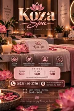 (623)440-2750 is ethnicity_Latinoandoffers nuru massages, asian massage, bodyrubs in Phoenix and available for service_location_bothon rubrankings Come and meet our new, completely renovated staff. Allow us to pamper your feet and hands in a different way. We respect every minute of your time. We use totally organic products. Hot towels. Come and renew yourself. We have qualified and certified Latina therapists who are friendly and treat our clients well. If you want to have a good place to relax, don't hesitate to come here. We have reasonable prices. We are on Maryland and 46th Avenue. Kosa spa is next to the pizzeria.          30 mini x$40.     45 min x $60.        1 hr x$80                               4641 w Maryland av Glendale az zip 85301.      623  440 2750