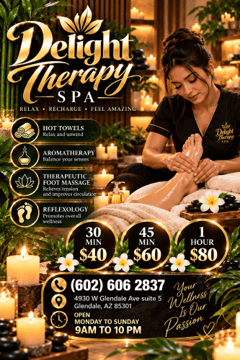 (602)606-2837 is 0andoffers nuru massages, asian massage, bodyrubs in Phoenix and available for service_location_bothon rubrankings Delight spa  Reflexology 
Come visit our newly renovated location and experience the magic of our talented new team! We offer foot and hand massages using advanced techniques, including traditional Thai reflexology.

We pride ourselves on offering high-quality services at affordable prices, and we value your time — every minute counts.

If you’re looking for a truly exceptional massage, visit us! Our new daysi🍒emma🌺anahy🌺sofia🌺karely— is here to serve you with care and professionalism.

We use clean towels, hot stones, and unscented organic oils for your comfort.

No appointment necessary — everyone is welcome!     4930 w glendale av   Suite #5glendale az 85301.  🏧🏧🏧🏧. 6026062837