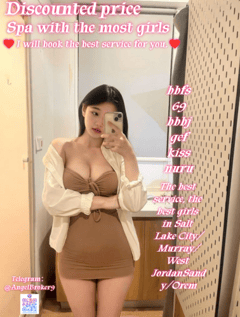 (385)220-7077 is ethnicity_Mixedandoffers nuru massages, asian massage, bodyrubs in Salt Lake City and available for service_location_incallon rubrankings In Salt Lake City/Murray, you will receive the best service. There are four hands,free shower.bbfs If you come.
New opening & spas & asian girls come and enjoy our reflexology
If we're cutting right to the chase, yes, this place definitely offers direct sexual services.
No need for flirting, movies, dinner, or any of the usual preliminaries. 
You meet, get the best service and warm here and then go home satisfactorily~ It's that simple!
Great bang for your buck!
We have the best asian Vip 69 B2b Fs Bbj Bb*s Cim Cob Cof Dfk Dt gfe 4 Nuru Pse Sf2 Wf 4 hand
Opening hours:
Monday - to Sunday open 8am to 12.30am
Address：
Salt Lake City
Murray
Holladay
Ogden
Orem
Don't worry about the distance. I still have many sisters nearby.
All the rooms are very clean and quality and the top of the service for all gentlemen
I'm the perfect companion for the who wants more. As I Always give my undivided attention and time to my admirers.
Appointment：385-220-7077
 Telegram ID：@AngelBroker9（The only telegram number）
I will book the best service for you.
Honest operation has always been my principle. There is no deception and no deposit. 
!!!Cautionary Notice: If you encounter situations involving deposits/advance payments or gift cards, it is definitely a scam.
Please do not fall victim to such schemes!!!
Remember my contact information