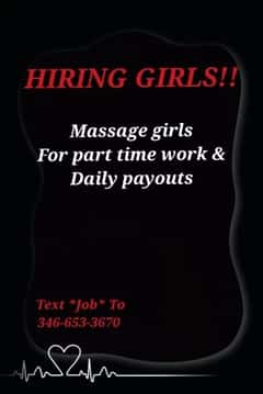 (346)653-3670 is ethnicity_Mixedandoffers nuru massages, asian massage, bodyrubs in Houston and available for service_location_incallon rubrankings Hiring massage girls to work at a Discreet Apartment location. Part time work with daily payouts and flexible schedules, ✅️Must have good hygiene..✅️Must keep a beautiful appearance..✅️Must be open minded..