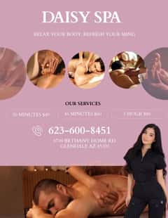 (623)600-8451 is ethnicity_Latinoandoffers nuru massages, asian massage, bodyrubs in Phoenix and available for service_location_bothon rubrankings Title
🌷🌷KELLY🌷🌷
Body Type
Curvy
Ethnicity
Latino
Service Locations
Both
Description
Title
🎀DaisySpa✨
Body Type
Petite
Ethnicity
Latino
Service Locations
Incall
Description
🌸 Daisy Spa 🌸
📍 Glendale, Arizona

✨Reflexology•Foot Massage•Hand Massage✨

💖 Bilingual Staff (English & Spanish)
🇲🇽 Mexican • 🇬🇹 Guatemalan • 🇨🇺 Cuban • 🇪🇸 Spanish • 🇺🇸 American

🎉 Under New Management & With New Staff! 🎉

Visit us and enjoy a relaxing experience with our professional team! Come have the best session of your life 💞 You won’t regret it!

🎀 Our Top Therapists:
• Catalina
• Karen
• Katy
• Natalia
• Keyra

✔ Clean Towels and Sheets
✔ Hot Stones
✔ Fragrance-Free Organic Oils
✔ No Appointment Necessary

💆‍♀️ Prices:
• 30 Minutes — $40
• 45 Minutes — $60
• 60 Minutes — $80

💖 Tips are greatly appreciated 🥰

📍 Daisy Spa
🏠 6749 W Bethany Home Rd. #103, Glendale, AZ
📞 Call: (623) 600-8451

✨ Relax, recharge, and enjoy the care you deserve. ✨

🚶‍♀️ Walk-Ins Welcome • No Appointment Needed 😊
🕘 Open Monday–Sunday (9:00 AM–10:00 PM)
☎️ Everyone Is Welcome! 💖 CASH ONLY ATM ON SITE XOXO
CONTACT DETAILS
Phone number
(520) 633-3484
Country
United States
State/Region/Province
Arizona
City
Phoenix
Location
6749 W Bethany Home Rd. #103, Glendale, AZ
CONTACT DETAILS
Phone number
(623) 600-8451
Country
United States
State/Region/Province
Arizona
City