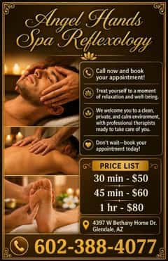 (602)388-4077 is ethnicity_Latinoandoffers nuru massages, asian massage, bodyrubs in Phoenix and available for service_location_bothon rubrankings : 🌴 GRAND OPENING! 🌴 Angel Hands Spa Reflexology. Address:4397 West Bethany Home Road, Glendale, AZ85301. Hours: open every day from 9 AM to 10 PM. No appointment needed. Walk-ins are welcome. Prices: 30 minutes $50,45 minutes $60, 1 hour $80. Services include reflexology, relaxing massages, hot towels, volcanic stones, and a free shower. Clean, professional, and relaxing atmosphere. Call us at 602-388-4077. Or 4809751194