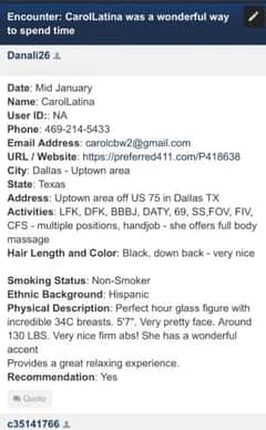 (469)214-5433 is ethnicity_Latinoandoffers nuru massages, asian massage, bodyrubs in Dallas and available for service_location_incallon rubrankings Hi, loves, I'm Carol sexy and Upscale Latina,  long hair, hazel eyes, 5'7 height, 138 lbs, Athletic body type. Are you stressed, exhausted and bored? Are you curious if there could be more to life than what you are currently experiencing? Give me a chance to show how to breathe again..

I'm like no one you have ever meet, I'm a true mature professional who is so comfortable with myself and my sexuality that I have draw you in like gravity.  Let me fill you with so much positive energy that you'll never back to turn back....


  ***I'm discret and prefer the quality rather than the quantity...***



****Upscale, Safety and Private location ****
****Same day appointment available ****

*** I screen all new friends, so be prepared to send me a couple of provider reference ***

                 ****ASK ME FOR MENU*****
        
*** appreciate introduce yourself ( Name ,age and Ethnicity)

****my photos are 100% reals ****
  ***P411 ID number P418638 ***
****Telegram 469 836 9050 ****
****WhatsApp 469 836 9050 ****
❤️So come join me and let's do this together ❤️ 