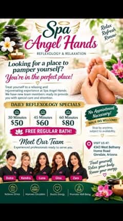 (602)388-4077 is ethnicity_Latinoandoffers nuru massages, asian massage, bodyrubs in Phoenix and available for service_location_bothon rubrankings Angel hands 

🌸 GRAND OPENING! 🌸

✨ A place to relax and unwind! ✨

📍 LOCATION:
4397 w Bethany Home Rd. Glendale AZ 

💆‍♀️ OUR SERVICES:
• Foot Massage
• Reiki
• Reflexology
• Hot Towel Services

💖 MEET OUR TALENTED THERAPISTS:
Zarah 
Dulse 
Gina 

💎 SPECIAL PRICES:
⏰ 30 minutes — $50
⏰ 45 minutes — $60
⏰ 60 minutes — $80

✅ Ask about our grand opening specials!

🕘 OPEN MONDAY THROUGH SUNDAY
9:00 AM – 10:00 PM

📞 CALL TO BOOK:
602-388-4077