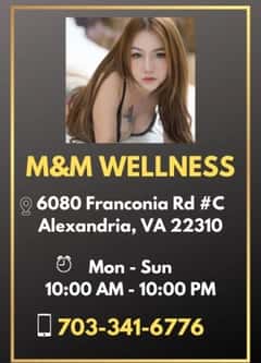 (703)341-6776 is ethnicity_asianandoffers nuru massages, asian massage, bodyrubs in Washington and available for service_location_bothon rubrankings ? M&M Wellness Spa ?Experience Total Relaxation & RejuvenationIndulge in the art of wellness with our signature treatments designed to soothe, heal, and renew.Our Featured Services:    Body Rubs – Melt away tension and refresh your skin.    Deep Massage – Relieve muscle stress with targeted, therapeutic pressure.    Shiatsu – Balance mind and body with traditional Japanese healing techniques.    Swedish Massage – Relax and unwind with a gentle, flowing massage.Treat yourself to the ultimate relaxation experience. Your journey to wellness begins here.? Book Now:  (703) 341-6776? Visit Us: 6080 Franconia Rd STE C, Alexandria, VA 22310