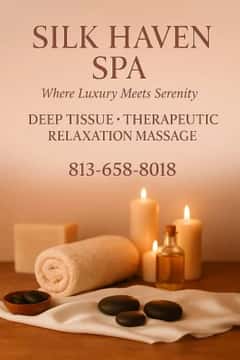 (813)658-8018 is ethnicity_Blackandoffers nuru massages, asian massage, bodyrubs in Tampa and available for service_location_bothon rubrankings ? Silk Haven Spa — Where Luxury Meets SerenityStep into a world of pure relaxation and elegance at Silk Haven Spa, where every touch is designed to restore balance, beauty, and bliss. Our expert therapists specialize in deep tissue, therapeutic, and relaxation massages, helping you melt away stress and rejuvenate your body from within.At Silk Haven Spa, we believe in celebrating softness, confidence, and self-care. Surrounded by warm tones, gentle lighting, and a serene atmosphere, every guest experiences comfort wrapped in luxury. Whether you need deep relief, soothing calm, or a moment of pampered peace — your haven awaits.✨ Experience the art of gentle luxury — because you deserve to feel as good as you look.? (813) 658-8018??‍♀️ Deep Tissue • Therapeutic • Relaxation Massage