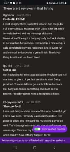 (619)675-6195 is ethnicity_Blackandoffers nuru massages, asian massage, bodyrubs in San Diego and available for service_location_incallon rubrankings Hello gentleman, my name is Daisy love. I want to thank you for stopping by my profile ?. My goal is to provide a safe space for you to enjoy while i relieve all your stress and for you to express all your desires without judgement.

I'm originally from Africa so I don't have the same attitude or demeanor as most women from here. I'm easy going, VERY feminine with a bubbly personality
and I truly enjoy bringing you the ultimate relief!

Come visit me in my new location in SDSU area
Private location with plenty Street parking 


ONLY 2 exclusive time slots available daily to give you my full attention.?


My FULL-BODY SENSUAL MASSAGE offers a luxurious, intimate, & deeply relaxing experience, set in a spa-like ambiance with soft candlelight & soothing atmosphere.

I have been on here for about 2 years
⚠️I'm verified ⚠️
So yes, I'm a real person 
and I have reviews. TER ID: 402950


Unfortunately I have dealt with a lot of different people who have caused me to create this disclaimer:

⚠️⚠️⚠️ PLEASE READ ⚠️⚠️⚠️
I do not see anyone who:
*has open sores / heavy acne
*Bad hygiene ( can shower at arrival )
*Obese 

👉1st time visitors👈
$75 Deposit required if NOT booking same day between 2pm and 6pm 
(Too many people play games 😔) 

I IMMEDIATELY ❌BLOCK❌ ANYONE WHO:
*asks for more pictures over text 
*Sends me nasty pictures 
*Asks about VIP over text
(Book an appointment we can talk)


You ABSOLUTELY must be a gentleman and respect my requirements:👇

⭐Send me your name, age, race & occupation 

TEXT ONLY
☎️ (619)675-6195


✨ SPECIALS✨ good till end of year 🎉🎊

(First time visit w/ review 
get $50 off NEXT visit of 60min or more)

Topless 
40min 175
60min 225
90min 275

Nude
40min 200
60min 250
90min 300

⭐15MIN EXTENSIONS AVAILABLE  +50⭐

!!Fetish friendly!!
Come in for regular visit and we can talk about options after 😉

         
Tips welcome, but not expected🤗

Cash & Venmo only