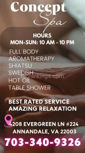 Washington BodyRubs Offered By (703)340-9326 | Bodyrubs (703)340-9326 is asianand offers nuru massages, asian massage, bodyrubs in Washington and available for both on rubrankings HOURS
MON-SUN 10:00 AM - 10 PM
Unwind and Elevate: Discover Concept Spa
? Experience pure bliss at Concept Spa, your ultimate destination for relaxation and rejuvenation. ?
Indulge in the art of serenity with our luxurious spa treatments, carefully designed to cater to your unique needs. ?
? Escape the daily grind and step into a world of tranquility, where expert therapists await to pamper you with their skilled touch. ?
? Immerse yourself in a sanctuary of calmness, surrounded by soothing scents and peaceful ambiance, providing the perfect setting for your mind and body to unwind. ?♀️?
Rebalance your energies with our holistic therapies, combining ancient practices and modern techniques to leave you feeling refreshed and revitalized. ?♂️?
? Let go of tension and stress as you embrace a profound sense of well-being during your time at Concept Spa. ?
Discover the power of self-care and give yourself the gift of pure relaxation. ?♀️?
⚡ Elevate your spa experience and embark on a journey of ultimate rejuvenation at Concept Spa. ⚡
? Unlock a renewed sense of vitality and experience the Concept Spa difference today! ?