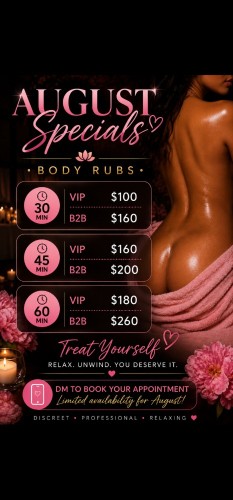 Nashville BodyRubs Offered By (615)808-2264 | Bodyrubs (615)808-2264 is 0and offers nuru massages, asian massage, bodyrubs in Nashville and available for incall on rubrankings **** AVAILABILITY ***
(CALL OR TEXT APPOINTMENT ONLY)
SUMMER SPECIALS
30min
Vip $100
B2b $160
45min
Vip $160
B2b $200
60min
Vip $180
B2b $260
THE VIBEZ ?
-CLEAN SPACE
-PRIVATE DISCREET STUDIO
-COLD WATER BOTTLE
-AMBIANCE
-HOT TOWELS
-RESTROOMS
-UNSCENTED OILS
-AROMA THERAPY
-RELAXING MUSIC
-PARKING ON SITE
-GREAT CONVERSATIONS
Distance / Travel ??
Bna airport 5-10min
Nashville downtown 20min+
Green hills/Brentwood 25min+
North Nashville 20min+
East Nashville 20min+
South Nashville 30min+
West Nashville 30min+
***** DONATIONS *****
V.I.P ⭐️ SERVICES (with lingerie)
30MIN $160
45MIN $180
60MIN $200
75MIN $260
90MIN $300
2HOURS $400
PLATINUM ⭐️ B2B SERVICES (NURU)
30MIN $200
60MIN $260
75MIN $340
90MIN $400
***TIPS ARE SEPARATE. DISCUSS IT WITH YOUR PROVIDER IN SESSION ***
WE ACCEPT CASH , CASHAPP, OR VENMO **ANY APP WITH A $10 FEE SERVICE CHARGE
NO EXPLICIT LANGUAGE AT ANYTIME OR OVER THE PHONE
DISCLAIMER *** NO LMT ON SITE. WE DO NOT PROVIDE ANY ILLEGAL SERVICES AT ANY TIME.
THANKS GENTLEMEN HOPE TO SEE YOU SOON