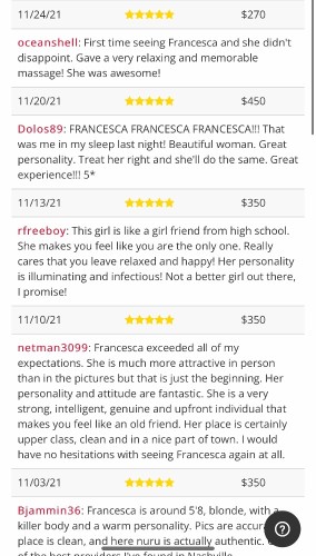(615)861-7988 is Caucasianand offers nuru massages, asian massage, bodyrubs in Nashville and available for incall on rubrankings Hi guys, I'm Francesca!!
I’m an independent provider!
I am a sexy all natural European Beauty!
I'm blonde, green eyes, beautiful & smart....
MY PICS ARE 100% REAL!!!!
MY BODY IS ALL NATURAL!
I'm the real deal guys don't waste your time on scammers and fake profiles.

Donations:
170hh bodyrub
250h bodyrub
270hh nuru
350h nuru

I am here to please you with my soft hands and ready to make your heart race with my amazing skills.
420 FRIENDLY ;)

*****Light screening is required 

Donations accepted via CASH or CASHAPP.
*****cashapp donations will be charged an additional fee of 10$

TIPS ARE NOT REQUIRED, BUT GREATLY APPRECIATED!

Disclaimer: I am not a Imt. I do this for entertainment purposes only.

*** I only post my ad from this website so if you see other ads around using my pics it’s not me ***