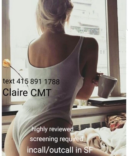 (415)891-1788 is 0and offers nuru massages, asian massage, bodyrubs in San francisco and available for both on rubrankings Hello I am Claire SF CMT - I offer a relaxing FBSM experience. I have an upscale studio in SF with lots of parking.   I am 1/2 Colombian and 1/2 Caucasian. My touch is therapeutic and sensual. You'll feel like you've gone on a mini vacation and forget the stresses of the day.  I'm 5 6 . lusciously curvy ,with green/ blue eyes and long blonde hair.   I offer incall in SF at my upscale spacious pvt studio a few days a week.    INTERNATIONAL NUMBERS MUST USE THÉ SIGNAL APP TO TEXT ME. * No blocked numbers * Text only when contacting me * Leave your Name  * What website you saw my ad on * Date you want the appointment * Your age  * Desired duration  If you text:  available ,  hey ,  how are you doing? , etc. your text will be ignored.  FBSM 1 hour 280 FBSM 90 MIN 380 Inquire for longer sessions  Outcalls in SF always add $50   I'm in my studio on Sundays, Mondays, Tuesdays and Fridays  I'm available for outcalls on Wednesdays,Thursdays and Saturdays   Mandatory screening NO EXCEPTIONS   I am a highly reviewed provider with over 240 verified reviews.  * an $80 cancellation fee if you cancel 24 hrs before scheduled appointment or do a no call no show.  FBSM ONLY no full service  . Do not ask for photos, I have pictures of myself holding a handwritten sign with my number on it.

If you cancel or do a No call No show less than 24  hours before the appointment you will need to pay an $80 cancellation fee.You may use it towards a future appointment if it’s within a 30 day time from the cancellation 