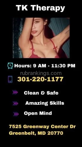 Washington BodyRubs Offered By (301)220-1177 | Bodyrubs (301)220-1177 is asianand offers nuru massages, asian massage, bodyrubs in Washington and available for both on rubrankings ?? Welcome to TK Therapy: Your Oasis of Serenity ??
Indulge in the ultimate relaxation experience at TK Therapy, where tranquility meets rejuvenation. Step into our serene sanctuary and embark on a journey to renew your mind, body, and spirit.
Our skilled therapists are dedicated to providing you with personalized spa treatments tailored to your unique needs. Whether you seek relief from everyday stress, muscle tension, or simply desire a moment of blissful escape, we have the perfect solution for you.
Discover the healing power of our luxurious spa services:
✨ Massage Therapy: Let our expert massage therapists melt away your tension with a variety of techniques including Swedish, deep tissue, hot stone, and aromatherapy massages.
✨ Body Treatments: Pamper yourself with our indulgent body scrubs, wraps, and masks, leaving your skin silky smooth and deeply nourished.
At TK Therapy, we prioritize your comfort and satisfaction above all else. Relax and unwind in our tranquil atmosphere, where every detail is tailored to enhance your spa journey.
Escape the hustle and bustle of daily life and treat yourself to the luxury you deserve at TK Therapy. Book your appointment today and embark on a path to rejuvenation and renewal. Your journey to wellness begins here.
