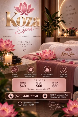 (623)440-2750 is Latinoand offers nuru massages, asian massage, bodyrubs in Phoenix and available for both on rubrankings Come and meet our new, completely renovated staff. Allow us to pamper your feet and hands in a different way. We respect every minute of your time. We use totally organic products. Hot towels. Come and renew yourself. We have qualified and certified Latina therapists who are friendly and treat our clients well. If you want to have a good place to relax, don't hesitate to come here. We have reasonable prices. We are on Maryland and 46th Avenue. Kosa spa is next to the pizzeria.          30 mini x$40.     45 min x $60.        1 hr x$80                               4641 w Maryland av Glendale az zip 85301.      623  440 2750
