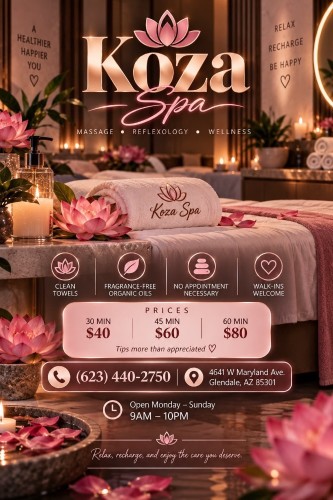 (623)440-2750 is Latinoand offers nuru massages, asian massage, bodyrubs in Phoenix and available for both on rubrankings Come and meet our new, completely renovated staff. Allow us to pamper your feet and hands in a different way. We respect every minute of your time. We use totally organic products. Hot towels. Come and renew yourself. We have qualified and certified Latina therapists who are friendly and treat our clients well. If you want to have a good place to relax, don't hesitate to come here. We have reasonable prices. We are on Maryland and 46th Avenue. Kosa spa is next to the pizzeria.          30 mini x$40.     45 min x $60.        1 hr x$80                               4641 w Maryland av Glendale az zip 85301.      623  440 2750