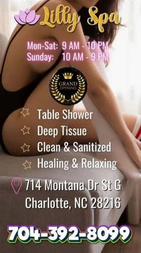 (704)392-8099 is asianand offers nuru massages, asian massage, bodyrubs in Charlotte and available for incall on rubrankings HOURSMonday - Sun: 9 AM to 10 PMExperience the Ultimate in Relaxation with Our Asian-Inspired Body Rub Massages    •Let our skilled therapists transport you to a state of complete relaxation with our Asian-inspired massages</li>    •Relieve tension, reduce stress and anxiety, and enhance your overall well-being    •Choose from a range of massage techniques, including Shiatsu, Thai, and Acupressure    •Benefit from increased circulation, improved flexibility, and reduced muscle soreness    •Immerse yourself in a tranquil atmosphere designed to promote relaxation and serenity    •Experience the power of ancient Eastern massage techniques combined with modern Western approaches   • Our Asian-inspired massages are perfect for those seeking a unique and luxurious spa experience        Book now and discover the ultimate in pampering and rejuvenation for your body and mind