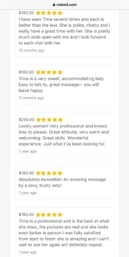 (724)590-2406 is otherand offers nuru massages, asian massage, bodyrubs in Tulsa and available for both on rubrankings My name is Trina. I love connecting with sensual gentlemen who are open to giving and receiving genuine depth and care. I’m highly trained in body work, tantra, and other healing arts. I absolutely adore the work of opening ourselves together and supporting you in your transformation. 

I have a luscious, curvy and fit salsa dancer’s figure with the generous hips, derrière, and bosom to match. My long, blond hair; pillowy, moist lips; soft, warm skin; and flowing, juicy nectar are a feast to touch and behold. 

You will feel at home in my clean, cozy, candle-lit, private residential space (shower available) I am also available for outcall. 

~~~~~OFFERINGS~~~~~

*Massage
$200 for 1hour
$300 for 90mins
$400 for 2hours

*Massage Plus (more mutual & intimate - FS)
$300 for 1hour
$400 for 90mins
$500 for 2hours


*Domination, fetish, duo/four hands, upgrades, and more intimate desires are all welcome 

*Outcall
Additional consideration depending on location


~~~~~FAQ~~~~~

*Where are you located?
I’m located close to downtown.

*House, hotel, or apartment?
I host out of my private residence. It is a private apartment. 

*Do you offer outcall?
Yes. Outcall is an additional consideration depending on your location. 

*Are you a cop?
No. I have an abundance of reviews and  ads on every major ad platform verifying my legitimacy. 

*Are the photos really you?
Yes. I have an abundance of reviews and  ads on every major ad platform verifying I use real, recent, accurate photos. 


*Are you independent?
Yes, 100% independent

*Do you have a shower?
Yes