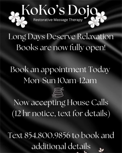 (854)800-9856 is Blackand offers nuru massages, asian massage, bodyrubs in Columbia and available for both on rubrankings Welcome to KoKos DoJo-Restorative Massage Therapy Long days deserve peace & relaxation PLEASE READ Available 8am-12am unless scheduled ahead Same day appointments available I offer a variety of massages & stress relief Multiple Massagers Private Residence For more details, feel free to contact me Text message is preferred