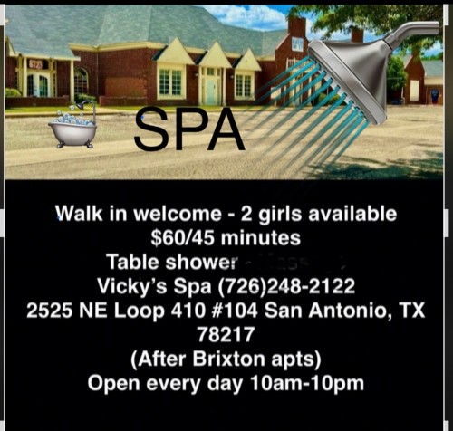 (726)248-2122 is Mixedand offers nuru massages, asian massage, bodyrubs in San antonio and available for incall on rubrankings 🎀💝 NEW girls 2 New ladies Beautiful Available every day 💝💝% Guaranteed  mixed and Asian 
💝💝10AM to 10PM   OPEN EVERY DAY 
 
☎️ (726)248-2122 ☎️     

VICKY’S Health SPA  (Walk - in Welcome)
2525 NE  410 Loop #104
San Antonio, TX 78217
(After Brixton Apartment turn right next to Diamond show club)

 $ 60 for 45 minutes
         Include: . 
✅ Table Shower 
✅Heat Pad   ✅Nice music
✅Treatment  ✅Relaxation
✅🏧Inside 
✅Private and Clean room

💝💝💝Beautiful 2 girls 💝 💝Try a new girl or your favorite. 

💝 We meet all your needs 
💝Best enjoyment and relaxation 
💝100% entertaining and open minded 
💝You will not be disappointed 
💝Discreet and clean location 
 ✨💝✨💝✨💝✨💝✨💝✨💝✨💝✨