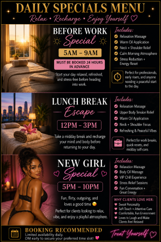 Columbus BodyRubs Offered By (614)586-3347 | Bodyrubs (614)586-3347 is 0and offers nuru massages, asian massage, bodyrubs in Columbus and available for both on rubrankings ☀️ BEFORE WORK SPECIAL ☀️
Start Your Morning Relaxed, Refreshed & Ready 💼✨
Available Daily: 5AM – 9AM
⏰ Must Be Booked At Least 24 Hours In Advance
Perfect for early risers, professionals, gym lovers, and anyone wanting a peaceful reset before the day begins.
✨ Morning Reset Includes:
• Relaxation Massage
• Warm Oil Application
• Neck + Shoulder Relief
• Stress & Tension Release
• Calm, Quiet Environment
• Energizing Morning Vibes
💆♀️ Designed To Help You:
• Wake up your body
• Reduce morning stiffness
• Improve focus before work
• Start the day feeling refreshed
🌅 Early Morning Availability Is Limited
📲 Advance booking required to secure your preferred time slot.
✨ Come in stressed… leave ready for the day.