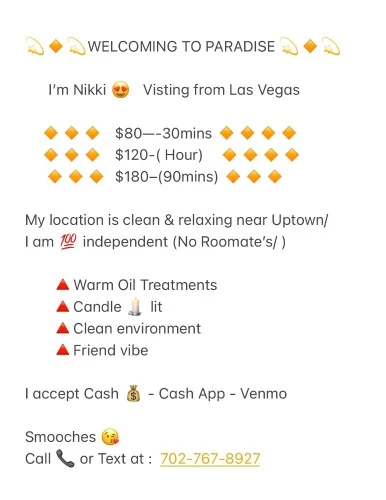 Charlotte BodyRubs Offered By (702)767-8972 | Bodyrubs (702)767-8972 is Mixedand offers nuru massages, asian massage, bodyrubs in Charlotte and available for incall on rubrankings Hi Respectfully Gentlemen
It’s Nikki ?
I am excited to offer my services for
total relaxation Pleasures….
I like to take time and make sure you are completely satisfied.(A True Pleasure seeker…)
If you are looking for the most sensual & exotic massage look no further
My photos are accurate. full hour. no upselling.
Call me at 702-767-8972— upscale
✨Therapeutic Sensual NURU
✨4 Hand sessions (by availability)
✨Dom & Sub Play
✨Massage ME!
✨Safe Clean Private Home with shower
✨Warm Towels
✨Pegging