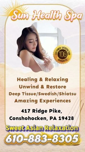 (610)883-8305 is 0and offers nuru massages, asian massage, bodyrubs in Philadelphia and available for incall on rubrankings HOURSMON-SUN 9AM to 11PM☀️ Embark on a rejuvenating journey at Sun Health Spa, where wellness and serenity await you ??? Our highly skilled therapists are trained in an array of healing techniques, ensuring exceptional care ?‍⚕️? Luxuriate in tranquil massages and treatments inspired by the healing power of the sun's rays ?✨? Immerse yourself in a serene atmosphere, where soothing melodies and fragrances envelop your senses ???‍♀️ Drift away as stress melts away through customized treatments tailored to your specific needs ⛱️? Experience the therapeutic benefits of holistic approaches and the rejuvenating touch of our experts ✨?? Replenish your energy and revitalize your overall well-being, fostering a harmonious state ?⚡? Unearth the ancient secrets of wellness traditions, curated to provide you with ultimate relaxation ??? Embark on a transformative healing journey at Sun Health Spa, where tranquility meets rejuvenation ☀️?‍♂️