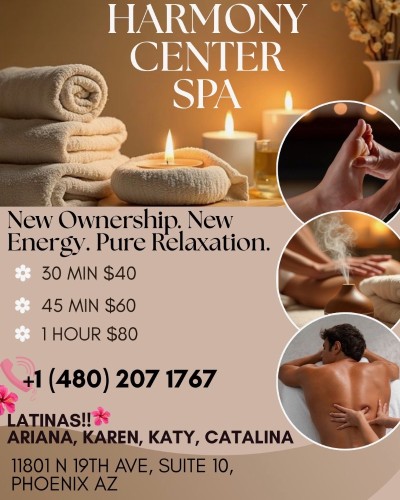 (480)207-1767 is Latinoand offers nuru massages, asian massage, bodyrubs in Phoenix and available for both on rubrankings Title
KEYRA🌹KATA🌹KAREN
Body Type
Petite
Service Locations
Both
Description
Title
New therapist🌸
Body Type
Petite
Service Locations
Both
Description
Title
🎀🎀🎀harmony center spa🎀latinas🎀19th Avenue, be
Body Type
Curvy
Ethnicity
Latino
Service Locations
Both
Description
🎀🎀🎀🎀harmony center spa🎀🎀🎀🎀🎀🎀new new new 🎀🎀🎀19th Avenue, between Peoria and Cactus🎀🎀???gran opening ??Latinas✅ Grand opening!! 🌸🌺🌸🌺A place to relax. We’re located it at_ 11801 n 19 av suite 10 phoenix az 85029 …We offer foot massage, Reiki reflexology and Hot towel services. We have the best prices in Phoenix. Don’t forget to ask about our opening specials!! We respect your time, minute by minute. Come meet our new talented therapists: KAREN,CATALYNA,KEyRA,vIOLETA,ARIANA,KATY,NATY. (Mexico, Cuba, Venezuela). 30 min $50 💎💎💎45 min $60 1HR $80.✅✅✅✅✅✅ 🎀🎀🎀🎀🎀🎀 open Monday to Sunday 9 am to 10 pm 85029✅✅✅✅✅✅✅☎️480 207 1767☎️.
CONTACT DETAILS
Phone number
5206333484
Country
United States
State/Region/Province
Arizona
City
Phoenix
Location
11801 n 19 th av suite 10 phx az 85029
CONTACT DETAILS
Phone number
(480) 207-1767
Country
United States
State/Region/Province
Arizona
City
CONTACT DETAILS
Phone number
(480) 207-1767
Country
United States
State/Region/Province
Arizona
City