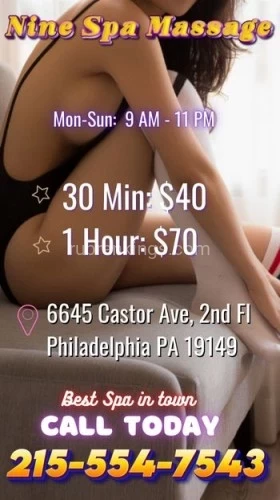 Philadelphia BodyRubs Offered By (215)554-7543 | Bodyrubs (215)554-7543 is 0and offers nuru massages, asian massage, bodyrubs in Philadelphia and available for both on rubrankings ? Unwind Like a King at Nine Spa Massage! ?
Gentlemen, it’s time to hit pause on your busy life and recharge in style. At Nine Spa Massage, we offer the ultimate relaxation experience tailored just for you. ??
✨ Why Choose Nine Spa Massage? ✨
?️ Premium Massages: From deep tissue to sports massage, our skilled therapists will target your stress points and melt away tension.
? Luxurious Environment: Immerse yourself in our serene, upscale surroundings designed for maximum comfort and relaxation.
? Quick & Effective: Whether you have 30 minutes or a full hour, our tailored sessions fit seamlessly into your schedule.
? Top-Notch Service: Enjoy a refreshing hot towel treatment and complimentary beverage with every visit.
?️ Discreet & Professional: We pride ourselves on offering a respectful and private experience.
Don’t wait for the weekend—schedule your escape today! Book now and discover why Nine Spa Massage is the premier destination for men who demand the best. ??
? Call us at 215-554-7543 Your relaxation is our priority!