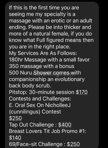 Raleigh BodyRubs Offered By (910)644-8537 | Bodyrubs (910)644-8537 is Blackand offers nuru massages, asian massage, bodyrubs in Raleigh and available for both on rubrankings <p>Sellerjns@gmail.com I accept: U.S Currency. No Service without a condom!✅Open 6am-10pm! ✅Outcall 450! No Appts Past 10pm! ✅ Digital Currency Only if younger then 38yrs old! ** Rates are nonnegotiable and my time is for companionship only!*** Full Figured Companion! ❤ Hello I’m NicholleeJ thanks for allowing me to meet your acquaintance. I try to be professional and punctual with each text or phone conversation. I’m very easy to get along with and easy to schedule your appointment. I understand alone time is considered the new luxury in this day and age. Please be courteous when you decide to contact me. Please state your name, number, and the reason for your call/text to save us both time and frustration❤. -Respectfully Yours NicholleeJ