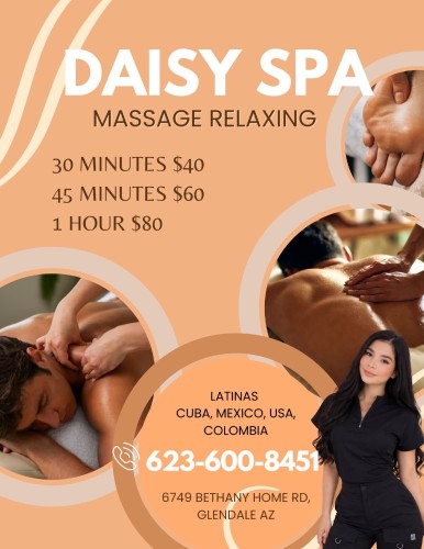 (623)600-8451 is 0and offers nuru massages, asian massage, bodyrubs in Phoenix and available for both on rubrankings Title
✨✨✨KELLY✨✨✨
Body Type
Curvy
Ethnicity
Latino
Service Locations
Both
Description
Title
🌷🌷KELLY🌷🌷
Body Type
Curvy
Ethnicity
Latino
Service Locations
Both
Description
Title
🎀DaisySpa✨
Body Type
Petite
Ethnicity
Latino
Service Locations
Incall
Description
🌸 Daisy Spa 🌸
📍 Glendale, Arizona

✨Reflexology•Foot Massage•Hand Massage✨

💖 Bilingual Staff (English & Spanish)
🇲🇽 Mexican • 🇬🇹 Guatemalan • 🇨🇺 Cuban • 🇪🇸 Spanish • 🇺🇸 American

🎉 Under New Management & With New Staff! 🎉

Visit us and enjoy a relaxing experience with our professional team! Come have the best session of your life 💞 You won’t regret it!

🎀 Our Top Therapists:
• Catalina
• Karen
• Katy
• Natalia
• Keyra

✔ Clean Towels and Sheets
✔ Hot Stones
✔ Fragrance-Free Organic Oils
✔ No Appointment Necessary

💆‍♀️ Prices:
• 30 Minutes — $40
• 45 Minutes — $60
• 60 Minutes — $80

💖 Tips are greatly appreciated 🥰

📍 Daisy Spa
🏠 6749 W Bethany Home Rd. #103, Glendale, AZ
📞 Call: (623) 600-8451

✨ Relax, recharge, and enjoy the care you deserve. ✨

🚶‍♀️ Walk-Ins Welcome • No Appointment Needed 😊
🕘 Open Monday–Sunday (9:00 AM–10:00 PM)
☎️ Everyone Is Welcome! 💖 CASH ONLY ATM ON SITE XOXO
CONTACT DETAILS
Phone number
(520) 633-3484
Country
United States
State/Region/Province
Arizona
City
Phoenix
Location
6749 W Bethany Home Rd. #103, Glendale, AZ
CONTACT DETAILS
Phone number
(623) 600-8451
Country
United States
State/Region/Province
Arizona
City
CONTACT DETAILS
Phone number
(623) 600-8451
Country
United States
State/Region/Province
Arizona
City