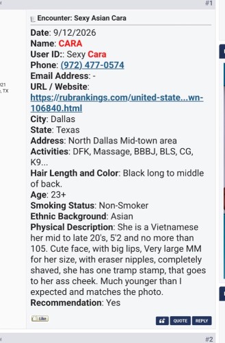 (972)477-0574 is asianand offers nuru massages, asian massage, bodyrubs in Dallas and available for incall on rubrankings Hi gentlemen, call me Cara 💕
Petite & Sexy Asian • 23 year old
New to Dallas Aug 29 🌸

My pictures are 100% real and recent — what you see is what you get. I value your time and mine. ❤️

Come relax and let me take your stress away with my soft touch, warm skin, and sensual energy. I love creating genuine chemistry and connecting with respectful gentlemen who appreciate both giving and receiving attention, affection, and care.

About Me 🌸
5’1” • DD • Tiny waist • Pear-shaped curves
Sweet, feminine, affectionate & playful 💕

I host at my upscale private apartment in Dallas — discreet, comfortable, and safe, with private garage parking available.

When contacting me for an appointment, please introduce yourself with:
🍭 Name
🍭 Age
🍭 Ethnicity ❤️

📞 Phone: [Your Number]

🌹 $160 HH
🌹 $200 HR

💕 GFE available ❤️
Ask me about more fun when we meet.

Donations are placed on the counter upon arrival.

No AA please. 🙏

See you soon,
Cara 💋