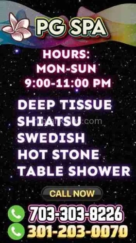 (703)303-8226 is asianand offers nuru massages, asian massage, bodyrubs in Washington and available for both on rubrankings MON-SUN 9:30-11:00PM


? Welcome to PG Spa, Where Relaxation Meets Renewal! ?

Discover the ultimate in relaxation with our array of massage therapies designed specifically for men:

Deep Tissue Massage: Experience the relief as skilled therapists work out deep-seated tension and knots, leaving you feeling invigorated and renewed. ??‍♂️

Full Body Massage: Indulge in a luxurious escape from head to toe, where every inch of your body is pampered and cared for, allowing you to let go of the stresses of the day and immerse yourself in pure relaxation. ??‍♂️

Swedish Massage: Drift away on a cloud of tranquility with gentle, flowing strokes that not only relax the muscles but also promote improved circulation, leaving you feeling refreshed and rejuvenated. ??‍♂️

Shiatsu Massage: Experience the ancient Japanese healing art of Shiatsu, where targeted pressure points are used to restore balance and vitality to your body and mind, leaving you feeling centered and revitalized. ??‍♂️

At PG Spa, we understand the importance of self-care for you. Take the time to prioritize your well-being and escape the hustle and bustle of daily life. Book your appointment today and embark on a journey to relaxation, rejuvenation, and renewal.

? Call now to book your appointment: 703-303-8226 or 301-203-0070 ?
