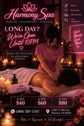 (480)207-1767 is Latinoand offers nuru massages, asian massage, bodyrubs in Phoenix and available for both on rubrankings Type
Petite
Ethnicity
Black
Service Locations
Both
Description
Type
Petite
Ethnicity
Latino
Service Locations
Incall
Description
🌸 Harmony Center Spa 🌸
📍 Glendale, Arizona

✨ Reflexology • Foot Massage • Hand Massage ✨

💖 Bilingual Staff (English & Spanish) – Yes, We Speak English! 😊
🇲🇽 Mexican • 🇬🇹 Guatemalan • 🇨🇺 Cuban • 🇪🇸 Spanish • 🇺🇸 American

🎉 Under New Management & With New Staff! 🎉

Visit us and enjoy a relaxing experience with our professional team! Come have the best session of your life 💞 you won’t regret it!

🎀 Our Top Therapists: Accurate Fotos ✔️
• Catalina
• Karen
• Katy
• Zaya
• Keyra
• Ari
• Bella
• Violeta

✔ Clean Towels
✔ Hot Stones
✔ Fragrance-Free Organic Oils
✔ No Appointment Necessary

💆‍♀️ Prices:
• 30 Minutes — $40
• 45 Minutes — $60
• 60 Minutes — $80
Tips more than appreciated 🥰

📍 Harmony Center Spa – Glendale, Arizona
📞 Call: (480) 207-1767

✨ Relax, recharge, and enjoy the care you deserve. ✨

Walk-Ins Welcome • No Appointment Needed 😊 Open Monday-Sunday (9am-10pm)
☎️ Everyone Is Welcome! 💖
Address: 11801 N 19th Ave.
Phoenix, AZ 85029
CASH ONLY ATM ON SITE✔️✔️✔️✔️✔️
CONTACT DETAILS
Phone number
(520) 633-3484
Country
United States
State/Region/Province
Arizona
City
Phoenix
CONTACT DETAILS
Phone number
(480) 207-1767
Country
United States
State/Region/Province
Arizona
City