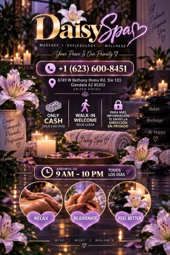 (623)600-8451 is Latinoand offers nuru massages, asian massage, bodyrubs in Phoenix and available for both on rubrankings Type
Curvy
Ethnicity
Latino
Service Locations
Both
Description
Title
🌷🌷KELLY🌷🌷
Body Type
Curvy
Ethnicity
Latino
Service Locations
Both
Description
Title
🎀DaisySpa✨
Body Type
Petite
Ethnicity
Latino
Service Locations
Incall
Description
🌸 Daisy Spa 🌸
📍 Glendale, Arizona

✨Reflexology•Foot Massage•Hand Massage✨

💖 Bilingual Staff (English & Spanish)
🇲🇽 Mexican • 🇬🇹 Guatemalan • 🇨🇺 Cuban • 🇪🇸 Spanish • 🇺🇸 American

🎉 Under New Management & With New Staff! 🎉

Visit us and enjoy a relaxing experience with our professional team! Come have the best session of your life 💞 You won’t regret it!

🎀 Our Top Therapists:
• Catalina
• Karen
• Katy
• Natalia
• Keyra

✔ Clean Towels and Sheets
✔ Hot Stones
✔ Fragrance-Free Organic Oils
✔ No Appointment Necessary

💆‍♀️ Prices:
• 30 Minutes — $40
• 45 Minutes — $60
• 60 Minutes — $80

💖 Tips are greatly appreciated 🥰

📍 Daisy Spa
🏠 6749 W Bethany Home Rd. #103, Glendale, AZ
📞 Call: (623) 600-8451

✨ Relax, recharge, and enjoy the care you deserve. ✨

🚶‍♀️ Walk-Ins Welcome • No Appointment Needed 😊
🕘 Open Monday–Sunday (9:00 AM–10:00 PM)
☎️ Everyone Is Welcome! 💖 CASH ONLY ATM ON SITE XOXO
CONTACT DETAILS
Phone number
(520) 633-3484
Country
United States
State/Region/Province
Arizona
City
Phoenix
Location
6749 W Bethany Home Rd. #103, Glendale, AZ
CONTACT DETAILS
Phone number
(623) 600-8451
Country
United States
State/Region/Province
Arizona
City
CONTACT DETAILS
Phone number
(623) 600-8451
Country
United States
State/Region/Province
Arizona
City
Phoenix