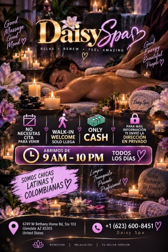 (623)600-8451 is Latinoand offers nuru massages, asian massage, bodyrubs in Phoenix and available for both on rubrankings Type
Curvy
Ethnicity
Latino
Service Locations
Both
Description
Title
🌷🌷KELLY🌷🌷
Body Type
Curvy
Ethnicity
Latino
Service Locations
Both
Description
Title
🎀DaisySpa✨
Body Type
Petite
Ethnicity
Latino
Service Locations
Incall
Description
🌸 Daisy Spa 🌸
📍 Glendale, Arizona

✨Reflexology•Foot Massage•Hand Massage✨

💖 Bilingual Staff (English & Spanish)
🇲🇽 Mexican • 🇬🇹 Guatemalan • 🇨🇺 Cuban • 🇪🇸 Spanish • 🇺🇸 American

🎉 Under New Management & With New Staff! 🎉

Visit us and enjoy a relaxing experience with our professional team! Come have the best session of your life 💞 You won’t regret it!

🎀 Our Top Therapists:
• Catalina
• Karen
• Katy
• Natalia
• Keyra

✔ Clean Towels and Sheets
✔ Hot Stones
✔ Fragrance-Free Organic Oils
✔ No Appointment Necessary

💆‍♀️ Prices:
• 30 Minutes — $40
• 45 Minutes — $60
• 60 Minutes — $80

💖 Tips are greatly appreciated 🥰

📍 Daisy Spa
🏠 6749 W Bethany Home Rd. #103, Glendale, AZ
📞 Call: (623) 600-8451

✨ Relax, recharge, and enjoy the care you deserve. ✨

🚶‍♀️ Walk-Ins Welcome • No Appointment Needed 😊
🕘 Open Monday–Sunday (9:00 AM–10:00 PM)
☎️ Everyone Is Welcome! 💖 CASH ONLY ATM ON SITE XOXO
CONTACT DETAILS
Phone number
(520) 633-3484
Country
United States
State/Region/Province
Arizona
City
Phoenix
Location
6749 W Bethany Home Rd. #103, Glendale, AZ
CONTACT DETAILS
Phone number
(623) 600-8451
Country
United States
State/Region/Province
Arizona
City
CONTACT DETAILS
Phone number
(623) 600-8451
Country
United States
State/Region/Province
Arizona
City
Phoenix