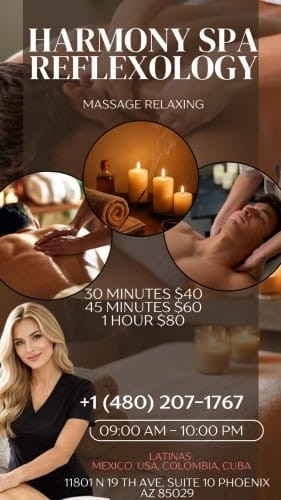 Phoenix BodyRubs Offered By (480)207-1767 | Bodyrubs (480)207-1767 is Latinoand offers nuru massages, asian massage, bodyrubs in Phoenix and available for both on rubrankings New therapist🌸
🎀🎀🎀harmony center spa🎀latinas🎀19th Avenue
🎀🎀🎀🎀harmony center spa🎀🎀🎀🎀🎀🎀new new new 🎀🎀🎀19th Avenue, between Peoria and Cactus🎀🎀???gran opening ??Latinas✅ Grand opening!! 🌸🌺🌸🌺
A place to relax.
We’re located it at_ 11801 n 19 av suite 10 phoenix az 85029 …We offer foot massage, Reiki reflexology and Hot towel services.
We have the best prices in Phoenix. Don’t forget to ask about our opening specials!! We respect your time, minute by minute. Come meet our new talented therapists: KAREN,CATALYNA,KEyRA,vIOLETA,ARIANA,KATY,NATY. (Mexico, Cuba, Venezuela).
30 min $50 💎💎💎45 min $60 1HR $80.✅✅✅✅✅✅
🎀🎀🎀🎀🎀🎀 open Monday to Sunday 9 am to
10pm
✅✅✅✅✅✅✅☎️480 207 1767☎️.
CONTACT DETAILS
Phone number
480 207 1767
Location
11801 n 19 th av suite 10 phx az 85029