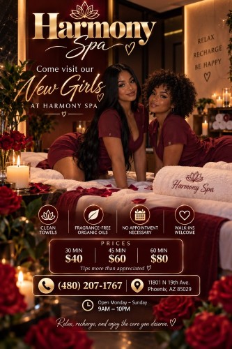 (480)207-1767 is Blackand offers nuru massages, asian massage, bodyrubs in Phoenix and available for both on rubrankings Type
Petite
Ethnicity
Latino
Service Locations
Incall
Description
🌸 Harmony Center Spa 🌸
📍 Glendale, Arizona

✨ Reflexology • Foot Massage • Hand Massage ✨

💖 Bilingual Staff (English & Spanish) – Yes, We Speak English! 😊
🇲🇽 Mexican • 🇬🇹 Guatemalan • 🇨🇺 Cuban • 🇪🇸 Spanish • 🇺🇸 American

🎉 Under New Management & With New Staff! 🎉

Visit us and enjoy a relaxing experience with our professional team! Come have the best session of your life 💞 you won’t regret it!

🎀 Our Top Therapists: Accurate Fotos ✔️
• Catalina
• Karen
• Katy
• Zaya
• Keyra
• Ari
• Bella
• Violeta

✔ Clean Towels
✔ Hot Stones
✔ Fragrance-Free Organic Oils
✔ No Appointment Necessary

💆‍♀️ Prices:
• 30 Minutes — $40
• 45 Minutes — $60
• 60 Minutes — $80
Tips more than appreciated 🥰

📍 Harmony Center Spa – Glendale, Arizona
📞 Call: (480) 207-1767

✨ Relax, recharge, and enjoy the care you deserve. ✨

Walk-Ins Welcome • No Appointment Needed 😊 Open Monday-Sunday (9am-10pm)
☎️ Everyone Is Welcome! 💖
Address: 11801 N 19th Ave.
                Phoenix, AZ 85029
CASH ONLY ATM ON SITE✔️✔️✔️✔️✔️
CONTACT DETAILS
Phone number
(520) 633-3484
Country
United States
State/Region/Province
Arizona
City
Phoenix