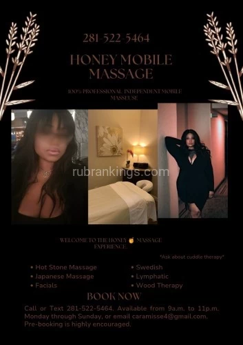 Houston BodyRubs Offered By (281)522-5464 | Bodyrubs (281)522-5464 is Mixedand offers nuru massages, asian massage, bodyrubs in Houston and available for both on rubrankings You want the best and you deserve it so here I am.
Clean, discreet and genuinely upscale. My services are mainly mobile but exceptions are made for pre-booked appointments. I offer massage and cuddle sessions. Texting to book is preferred as well as email. My availability is limited so Pre-booking is highly encouraged.