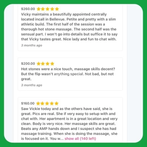 (206)384-5133 is asianand offers nuru massages, asian massage, bodyrubs in Seattle and available for incall on rubrankings Hi My Name is   ➡️  VICKIE    And I am Specialized in Asian  ✳️ MASSAGE ✳️

With……💧 HOT STONE  💧  At My Nice COMFORTABLE AND CLEAN PLACE.

                       ▶️  IN DOWNTOWN BELLEVUE  ▶️    INDEPENDENT >>>▶️ INCALL ONLY 
Who……… is Very Experienced in Giving you a Sensual And 
                                                                                                                                                                                                                                                          ……💪💪RELAXED……MASSAGE 💪💪…YOUR ………MUSCLES 

…And Make 🟢🟢 ALL YOUR WORRIES GO WAY 🟢🟢
    ⏰            TIME. OPEN.   10:00 AM. >>>.   TO. 9:30. PM.   ⏰

📌📌    LAST APPOINTMENT AT >>> 8:30PM   📌📌
🎀🎀       BODY RUB OPEN 7DAY     🎀🎀

🎈🎈    HR 6️⃣0️⃣ MINUTES 

📌📌 PLEASE NOTE LET US KNOW THE TIME IN ADVANCE  BEFORE BOOKING A SCHEDULE 📌📌

🌈🌈 NAME & AGE   RACE & DURATION & DATE-TIME 🌈🌈

 🎁🎁…$$ 1️⃣8️⃣0️⃣……

📲. ACCEPT CASH APP 📲….☎️ PLEASE TEXTING ON 2️⃣0️⃣6️⃣-3️⃣8️⃣4️⃣-5️⃣1️⃣3️⃣3️⃣……                                               🌿🌿LOOKING FORWARD TO SEEING YOU SMILES🌿🌿                                                                                          ❌❌❌ NO BLKD CALL OR GOOGLE NUMBER THANKS 
                                                   ❇️❇️🩶🩶STAY SAFE VICKIE🩶🩶❇️❇️