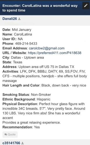 (469)214-5433 is ethnicity_Latinoandoffers nuru massages, asian massage, bodyrubs in Dallas and available for service_location_incallon rubrankings Hi, loves, I'm Carol sexy and Upscale Latina,  long hair, hazel eyes, 5'7 height, 138 lbs, Athletic body type. Are you stressed, exhausted and bored? Are you curious if there could be more to life than what you are currently experiencing? Give me a chance to show how to breathe again..

I'm like no one you have ever meet, I'm a true mature professional who is so comfortable with myself and my sexuality that I have draw you in like gravity.  Let me fill you with so much positive energy that you'll never back to turn back....


  ***I'm discret and prefer the quality rather than the quantity...***

 ******* IF YOU DON'T HEAR FROM ME*******
TEXT ME TO 469 836 9050 PLEASE****

****Upscale, Safety and Private location ****
****Same day appointment available ****

*** I screen all new friends, so be prepared to send me a couple of provider reference ***

                 ****ASK ME FOR MENU*****
        
*** appreciate introduce yourself ( Name ,age and Ethnicity)

****my photos are 100% reals ****
  ***P411 ID number P418638 ***
****Telegram 469 836 9050 ****
****WhatsApp 469 836 9050 ****
❤️So come join me and let's do this together ❤️ 