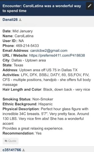 (469)836-9050 is Latinoand offers nuru massages, asian massage, bodyrubs in Dallas and available for incall on rubrankings Hi, loves, I'm Carol sexy and Upscale Latina,  long hair, hazel eyes, 5'7 height, 138 lbs, Athletic body type. Are you stressed, exhausted and bored? Are you curious if there could be more to life than what you are currently experiencing? Give me a chance to show how to breathe again..

I'm like no one you have ever meet, I'm a true mature professional who is so comfortable with myself and my sexuality that I have draw you in like gravity.  Let me fill you with so much positive energy that you'll never back to turn back....


  ***I'm discret and prefer the quality rather than the quantity...***



****Upscale, Safety and Private location ****
****Same day appointment available ****

*** I screen all new friends, so be prepared to send me a couple of provider reference ***

                 ****ASK ME FOR MENU*****
***If you don't hear back from me,  text me *** 
        *****469 214 5433 ( old number) *******
*** appreciate introduce yourself ( Name ,age and Ethnicity)

****my photos are 100% reals ****
  ***P411 ID number P418638 ***
****Telegram 469 836 9050 ****
****WhatsApp 469 836 9050 ****
❤️So come join me and let's do this together ❤️ 