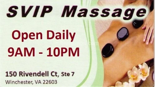 (540)914-9111 is asianand offers nuru massages, asian massage, bodyrubs in Richmond and available for incall on rubrankings Come lay on our heated tables and get an authentic traditional Asian massage at SVIP. You'll be glad you did!

Back walking available too!

Free! Aromatherapy available using Essential Oils. We use the best, Plant Therapy and Laguna Moon:

      - Tea Tree - good for burns, deodorizing, is antiseptic, antimicrobial and antifungal. 
      - Sweet Orange - Uplifting, calming, good for the digestive system.
      - Lavender - Restful sleep, reduces stress, soothes sun-damaged skin.
      - Eucalyptus - Good during cold season, relieves pain and fights against herpes simplex virus.
      - Peppermint - Energizing, stimulating, revitalizing.
      - Lemon - Reduces anxiety and depression, may also help cognitive function of folks with Alzheimer’s disease.

30 min $50
60 min $60
90 min $110

table shower is an additional $20

We are located at 150 Rivendell Ct., Suite 7, Winchester, VA 22603 - (540) 914-9111

