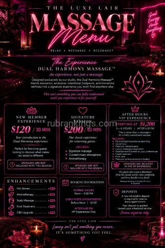 (614)961-8753 is Mixedand offers nuru massages, asian massage, bodyrubs in Columbus and available for both on rubrankings At The Luxe Lair, we specialize in our exclusive Dual Harmony Massage—a signature experience designed in-house and unavailable anywhere else. This isn’t simply a massage; it’s an immersive experience created to help you disconnect from the outside world and reconnect with yourself.

If it sounds too good to be true, that’s only because it’s unlike anything you’ve experienced before. Some experiences can’t be fully explained—they have to be felt. Trust the process, release your expectations, and allow yourself to experience something truly different.

Signature Experiences

New Member Experience
Starting at $120 (30 minutes)
Designed for first-time guests to experience the foundation of our signature massage.

Signature Session
Starting at $200 (60 minutes)
Our classic one-hour experience for returning guests, featuring relaxing music, aromatherapy, and the signature Luxe Lair atmosphere.

Upgrades are not included with the New Member Experience or Signature Session and may be added for an additional charge.

After-Hours VIP Experience

Available after 6:00 PM by advance reservation only.

Our VIP Experience is more than an appointment—it’s a personalized escape. Sessions begin at 3 hours and can be extended up to 6 hours, allowing you to completely let go while every detail is thoughtfully curated for you.

Your VIP experience may include:

* Personalized atmosphere
* Bar cart service
* Social hour
* Signature Dual Harmony Massage
* Entertainment
* Hand and foot care
* Premium upgrades included

This experience is designed for those who want to release control, be fully present, and feel as though the outside world no longer exists.

VIP Experiences start at $1,200.

Booking Information

* A non-refundable deposit is required to reserve every appointment.
* Serious inquiries only.
* Regular appointment hours are 12:00 PM – 5:00 PM.
* Early morning appointments before 12:00 PM are available for an additional $100.
* All appointments beginning at 6:00 PM or later are considered VIP experiences and must be booked accordingly.
* VIP appointments must be scheduled at least 24 hours in advance.