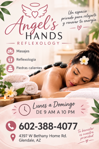 (602)388-4077 is Latinoand offers nuru massages, asian massage, bodyrubs in Phoenix and available for both on rubrankings Angel hands 

🌸 GRAND OPENING! 🌸

✨ A place to relax and unwind! ✨

📍 LOCATION:
4397 w Bethany Home Rd. Glendale AZ 

💆‍♀️ OUR SERVICES:
• Foot Massage
• Reiki
• Reflexology
• Hot Towel Services

💖 MEET OUR TALENTED THERAPISTS:
Zarah 
Dulse 
Gina 

💎 SPECIAL PRICES:
⏰ 30 minutes — $50
⏰ 45 minutes — $60
⏰ 60 minutes — $80

✅ Ask about our grand opening specials!

🕘 OPEN MONDAY THROUGH SUNDAY
9:00 AM – 10:00 PM

📞 CALL TO BOOK:
602-388-4077